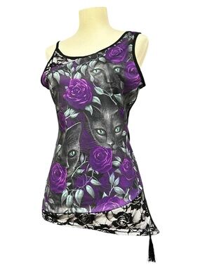 Elfin Black Cat Purple Rose Lace Cami Tank Top, Size Medium Goth Black Cat Top